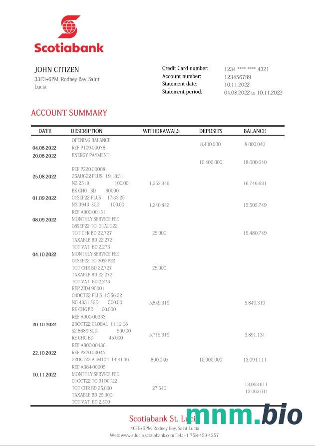 Wyciąg bankowy Saint Lucia Scotiabank xls